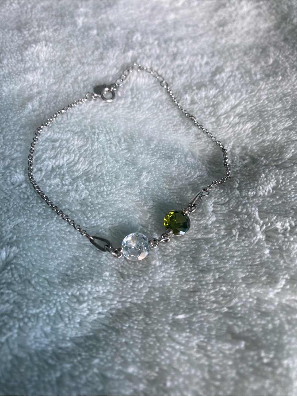 Delicate Silver Chain Bracelet with Clear and Olive Green Stones